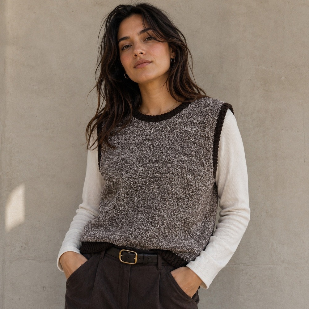 Vintage Sears Brown Marled Knit Sweater Vest Sleeveless Crew Neck Size 38 USA